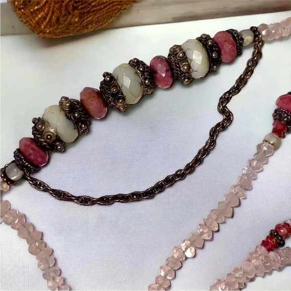 Gemstone Rose Quartz Morganite Rhodochrosite Scarf Tassel Flapper Style Necklace - Picture 9 of 10